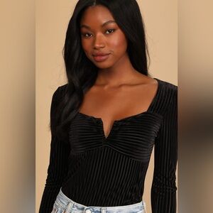 Lulu’s Whimsigoth Ready To Go Out Black Velvet Striped Long Sleeve Bodysuit SZ L